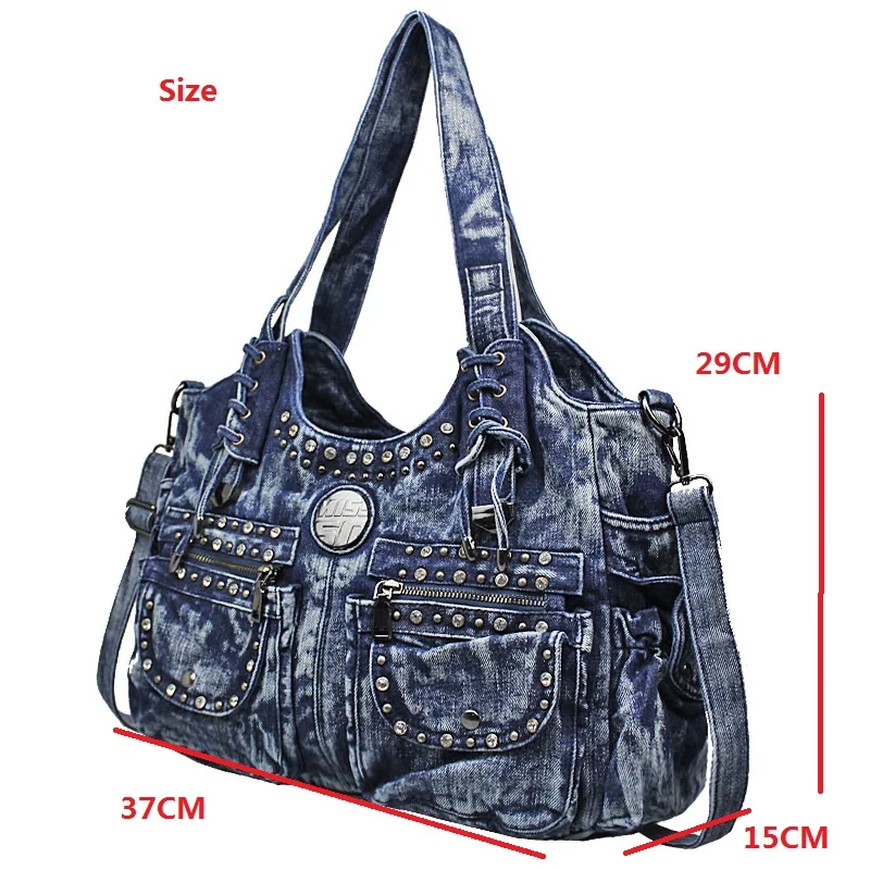 

Vintage Casual Denim Handbag Lady Large Capacity Jeans Tote Cowboy Bag Fashion Rivet Women Bag Weave Tape Creative Shoulder Bags