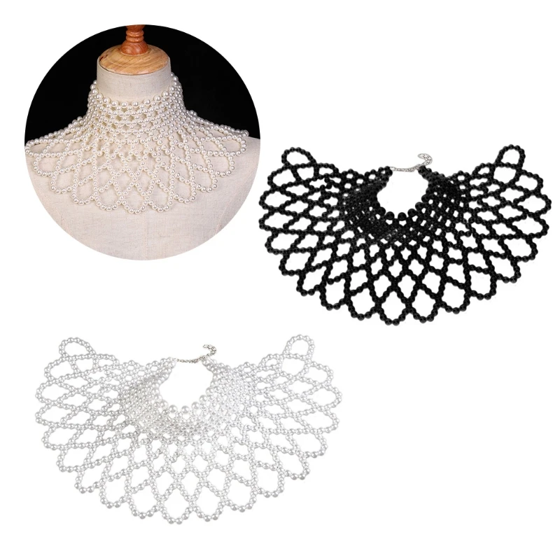 

Women Imitation Pearl Beaded Bib Choker Necklace Body Chain Shawl Collar Jewelry Female Party Luxurious Decorative