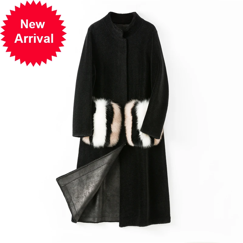 

Женское зимнее шерстяное пальто, парка большого размера с карманами из лисьего меха, модная верхняя одежда, H68290
