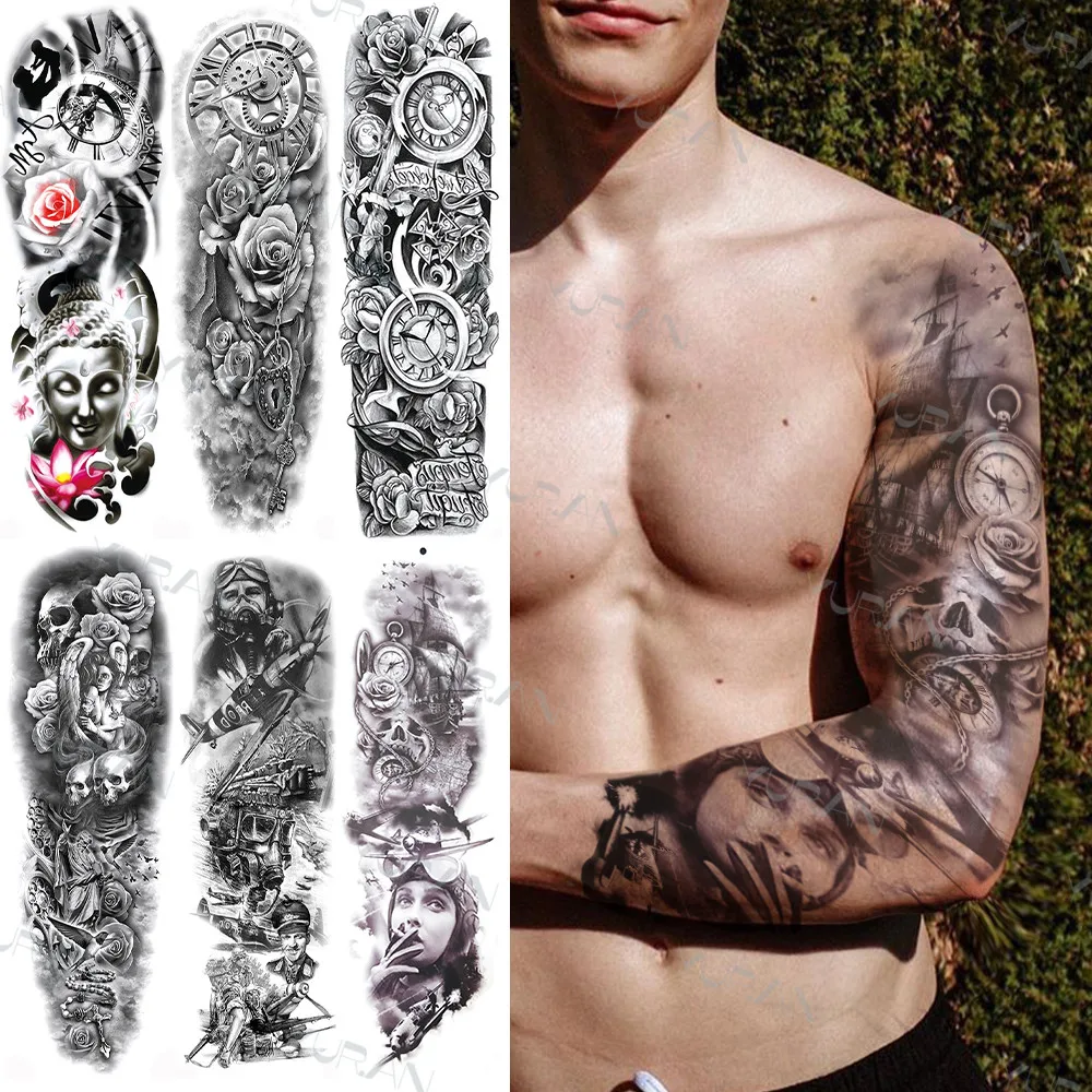 

Body Art Black Wrior Temporary Sleeve Tattoos For Men Women Full Arm Tattoo Fake Skull Buddha Water Transfer Tatoos Covers Up