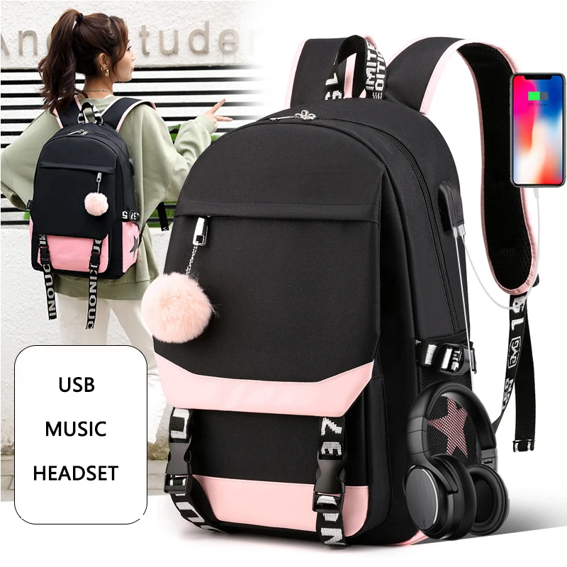 

Teen Girls Backpack for High School Bag Large Nylon Black Cute Hairball College Student Backpack Women Patchwork Fashion 2021