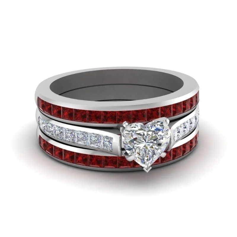 

Amvie Wedding Rings Couple Vintage Stainless Steel Men Ring Romantic Heart Zircon Ring Set Bridal Engagement Gift