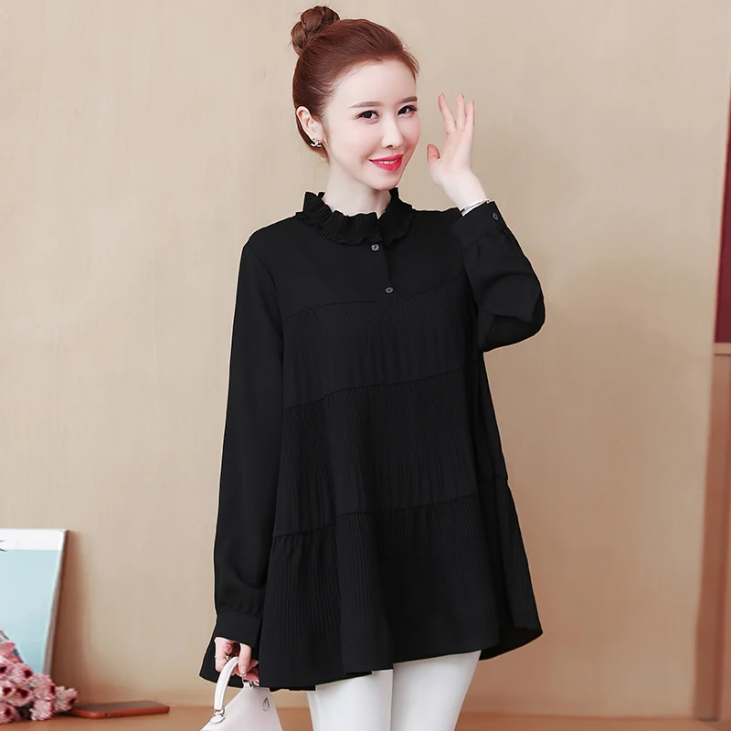 

Fashion women's plus size blouse 2021 spring new doll skirt fashion all-match stand-up collar pleated shirt skirt