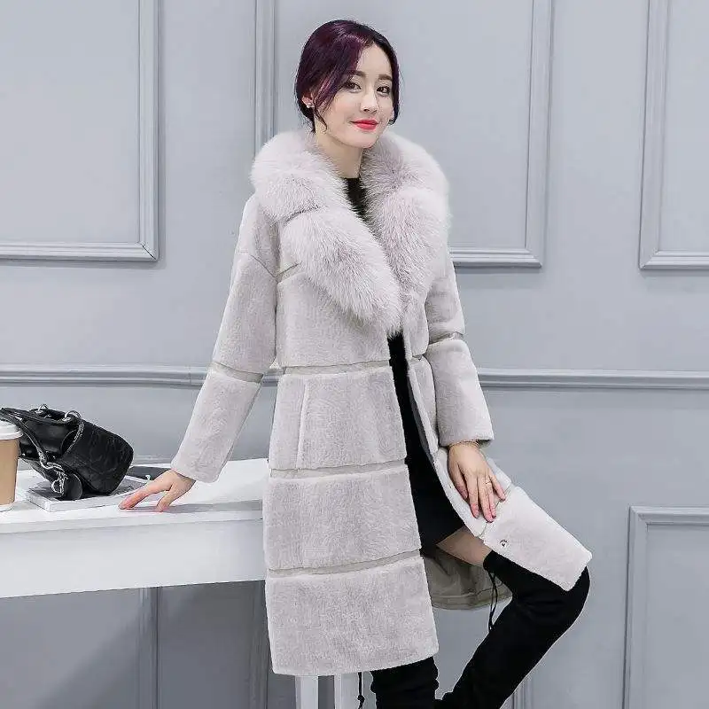 Mid-Length Sheep Sheared Fur Coat Women 2020 Korean Style Winter Spliced Fur Outwear Faux Fox Fur Collar Pocket Coat Female B20