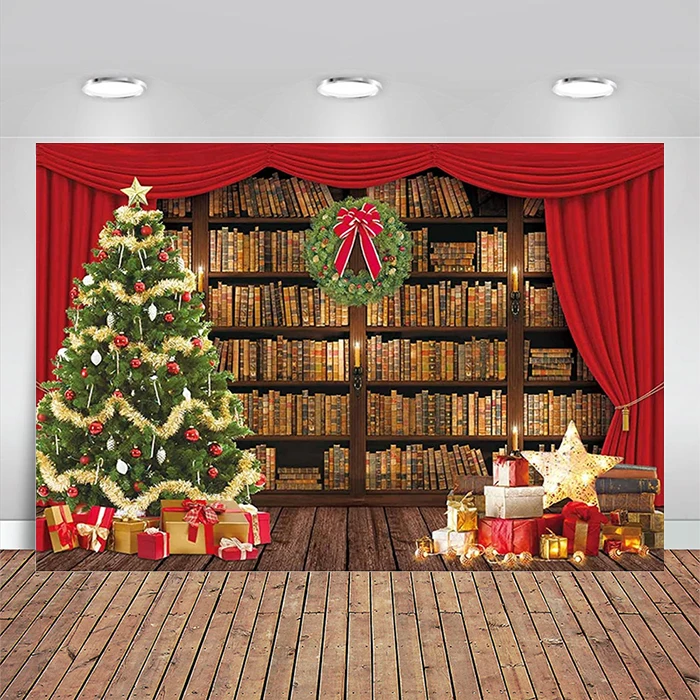 Christmas Library Bookshelf Backdrop Vintage Merry Xmas Pine Tree Dream Antique Photography Background Holiday Festival Party enlarge
