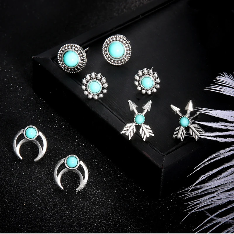 

8Pcs/Set Ethnic Wind Wedding Jewelery Bohemia Blue Round Resin Opal Charm Metal Rudder Totem Pine Stud Earrings For Women