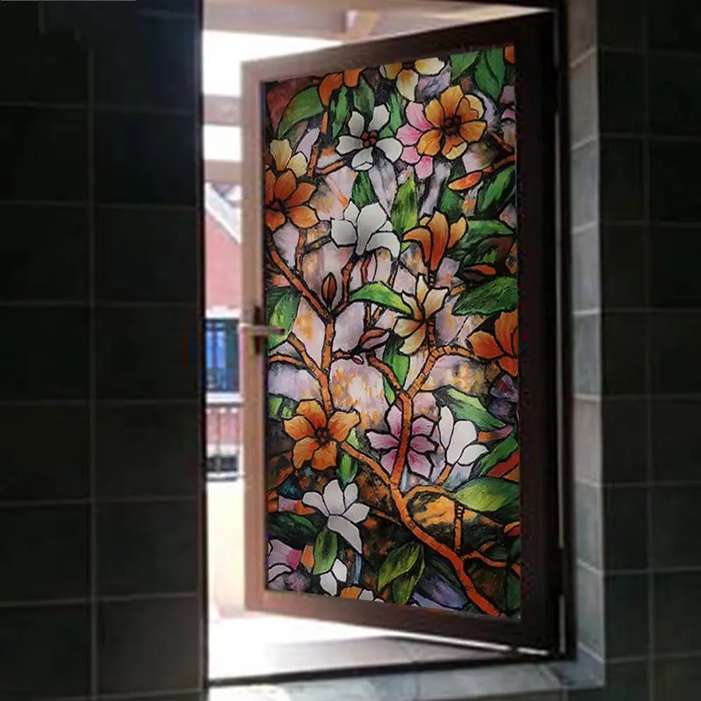 

Stained Painting Art Privacy Film Flower Window Sticker Glass Film Opaque Static Cling Decals Glue Free Bedroom Shade Home Decor
