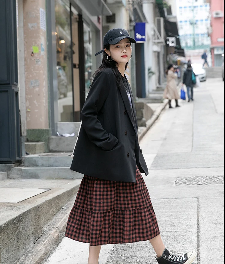 

4 Colors Women Blazers 2020 Autumn Double-breasted Pockets Full Sleeve Notched Long Woman Coats Loose Tops Outerwear C08511K