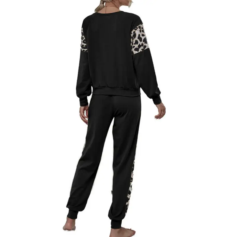 

Women Tracksuit Loungewear Outfit 2Pcs Leopard T-shirt Tops + Trousers Pants Set