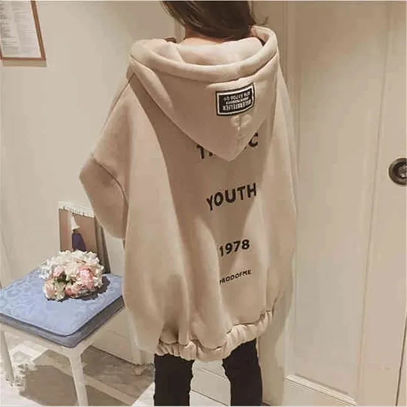

Autumn winter Plus velvet warm Streetwear Zip-up Oversized long Sweatshirt Women Fleece Hoodies Jacket Pocket Thicken Outwear