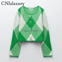 2021 za ladie cardigans long sleeve knitted argyle sweater women green vest sweaters female jumpers cardigan jacket with buttons
