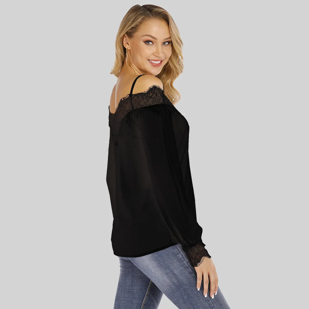 

Sexy Women Casual Off Shoulder Slash neck Long Sleeve Pullover T-Shirt woman spring Solid color Hook flower Hollow out Tops Tees