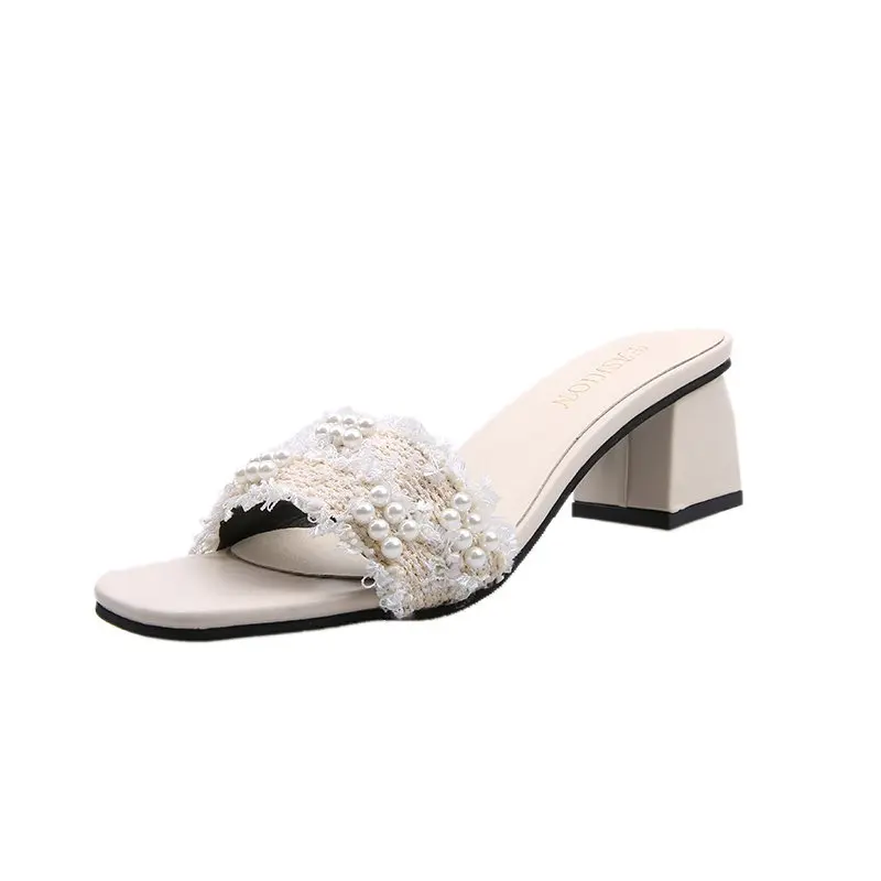 

Shoes Ladies' Slippers Luxury Slides Women Heels Med Square heel Pantofle String Bead Summer Designer Soft High Block 2021 Rubbe