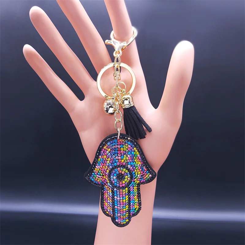 

2023 Coloful Black Crystal Hamsa Hand Key Chains Big Bag Accessories Hand of Fatima Jewelry ojo turco KXH47S05