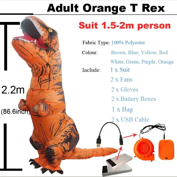 Adult Orange T rex Мир Юрского периода взрослый Велоцираптор Костюм надувной T REX Raptor костюм Косплей динозавр вечеринка Хэллоуин костюм для женщин и мужчин - Цвет: Adult Orange T rex