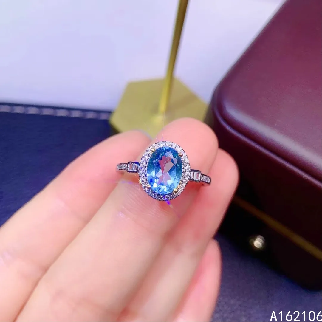 

925 Pure Silver Chinese Style Natural Swiss Blue Topaz Women's Popular Noble Oval Adjustable Gem Ring Fine Jewelry Support Detec