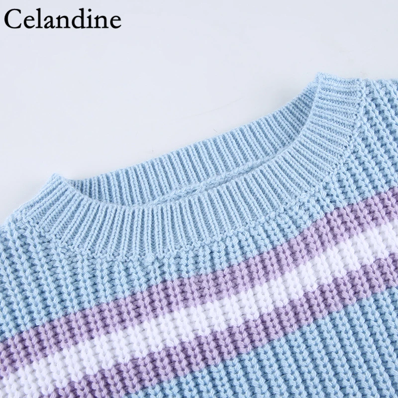 

Celandine Long Sleeve O Neck Striped Knitted Sweater Women Fashion Casual Pullover Loose Jumper Jerseys Autumn Winter 2020