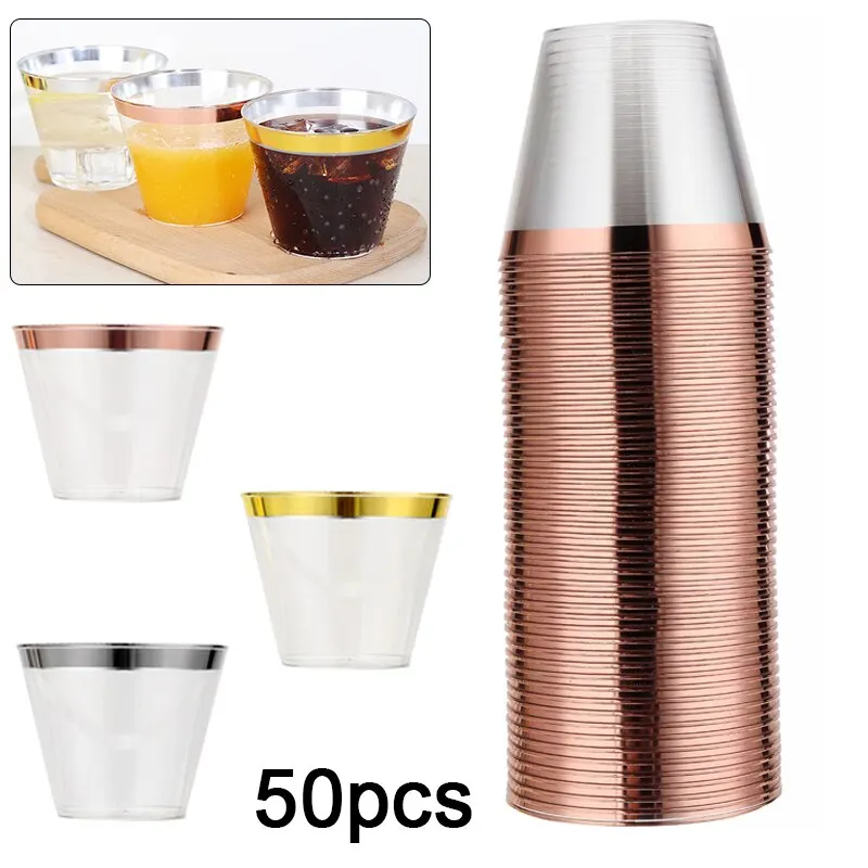 

50pcs Rose Gold Border Wine Cup Clear Plastic Glass Cup 9oz Disposable Edging Decor For Wedding Party Wine Juice Dinking Glass