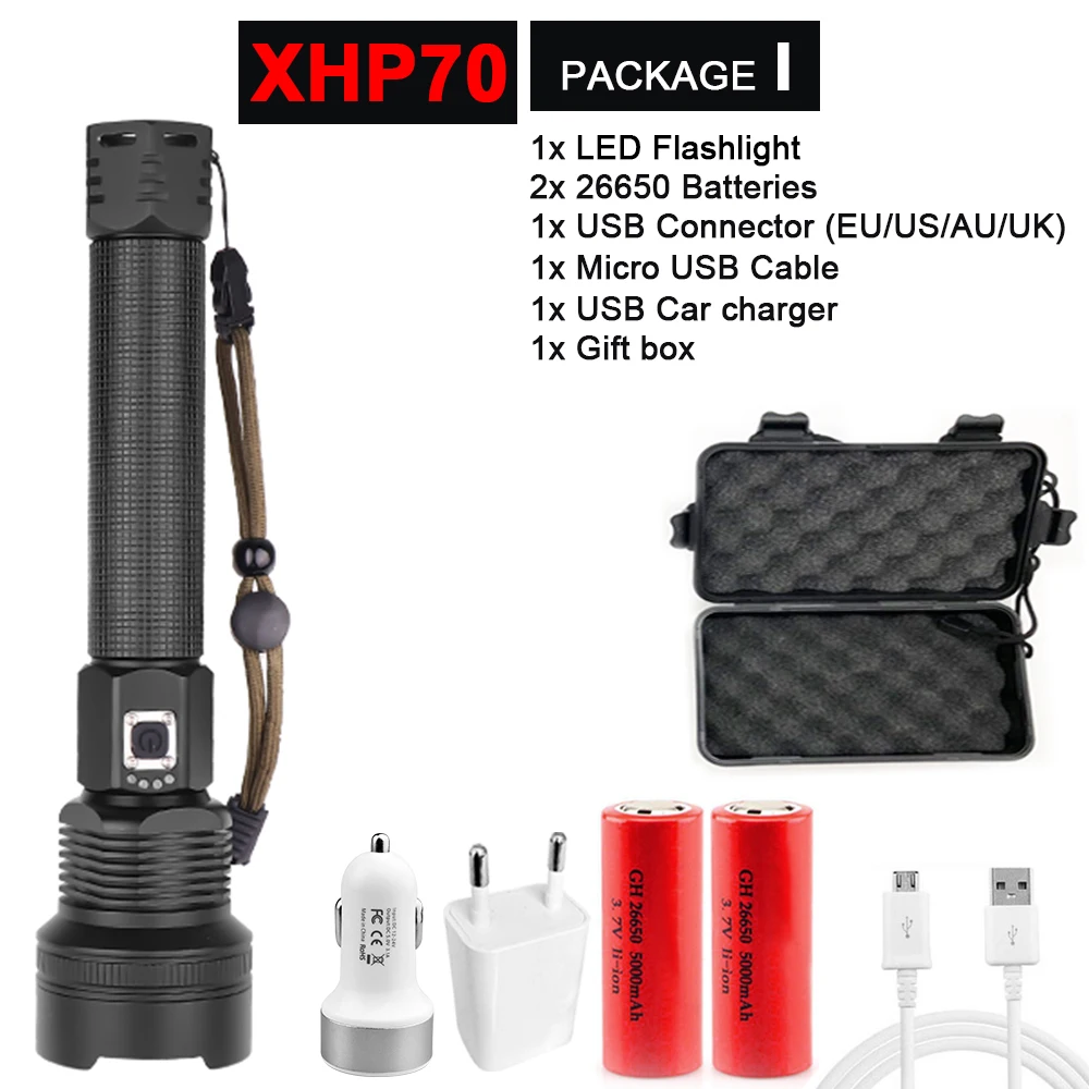 Package I-XHP70.2 Супер яркий XHP90/70,2 светодиодный фонарик, супер мощный фонарь, USB лампа с зумом, фонарь с зумом, работающий от аккумулятора 18650 26650 - Испускаемый цвет: Package I-XHP70.2