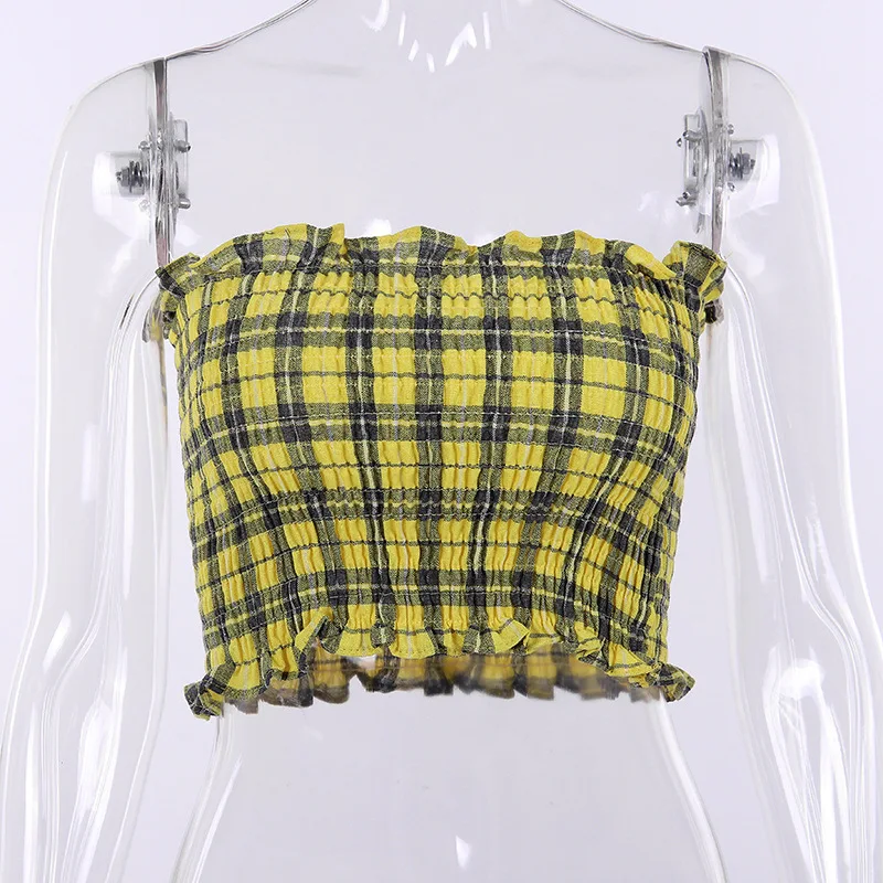 

Women Summer Tops Swimwear 2021 Fashion Plaid Sleeveless Strapless Lace Up Shirt Casual Top Tank Beach Cloting Mujer