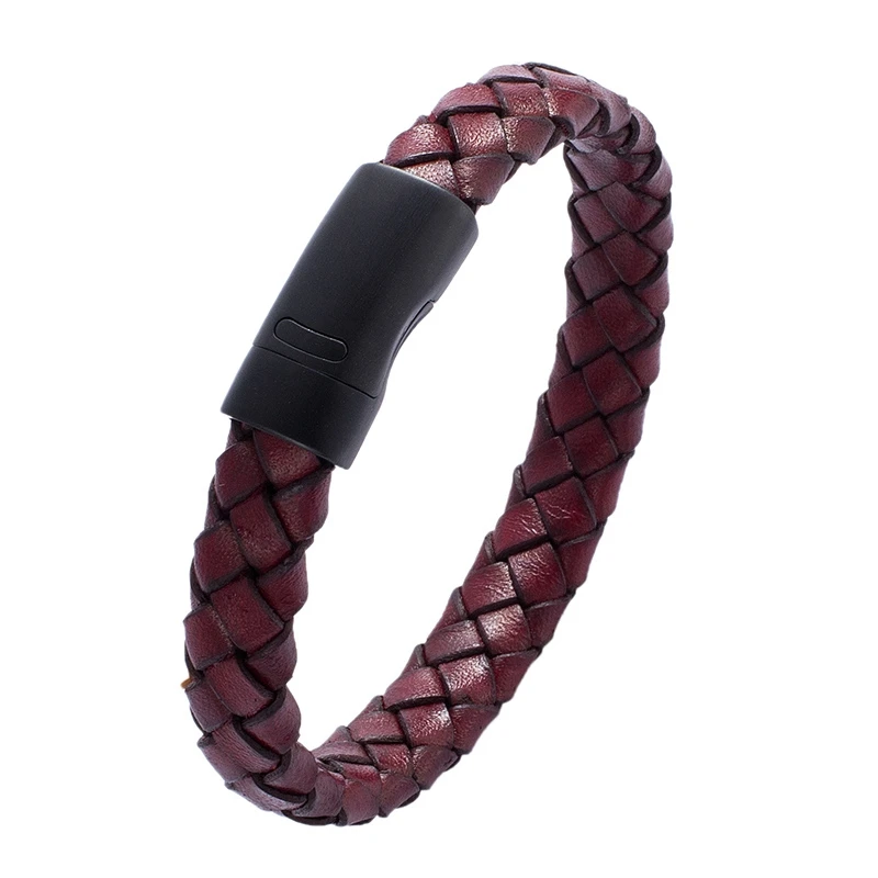 

Vintage Men Jewelry Punk Red Braided Leather Bracelet Men Stainless Steel Magnetic Clasp Fashion Bangles pulsera masculina PH509