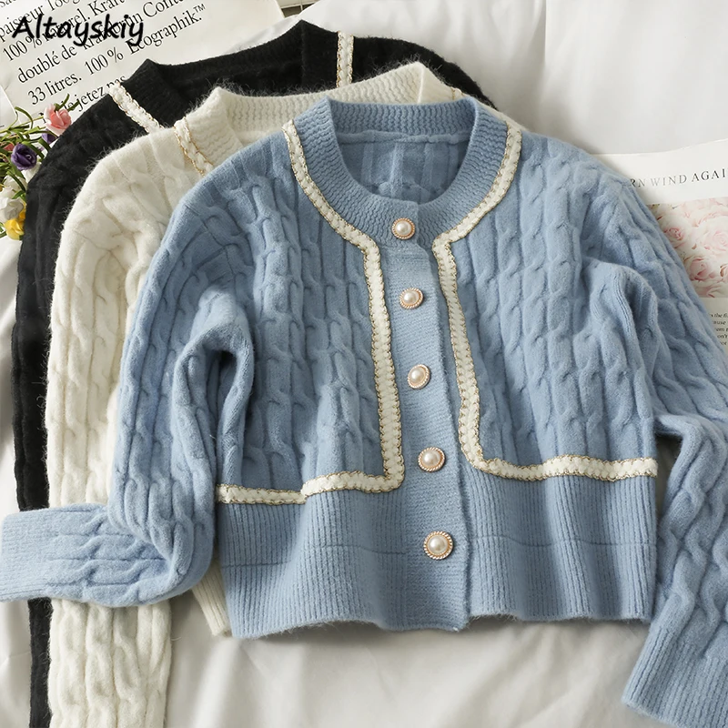 

Cardigans Women Pearls French Style Temperament Sweaters Woman Ulzzang Tender Casual Single Breasted Jumpers All Match Knitted