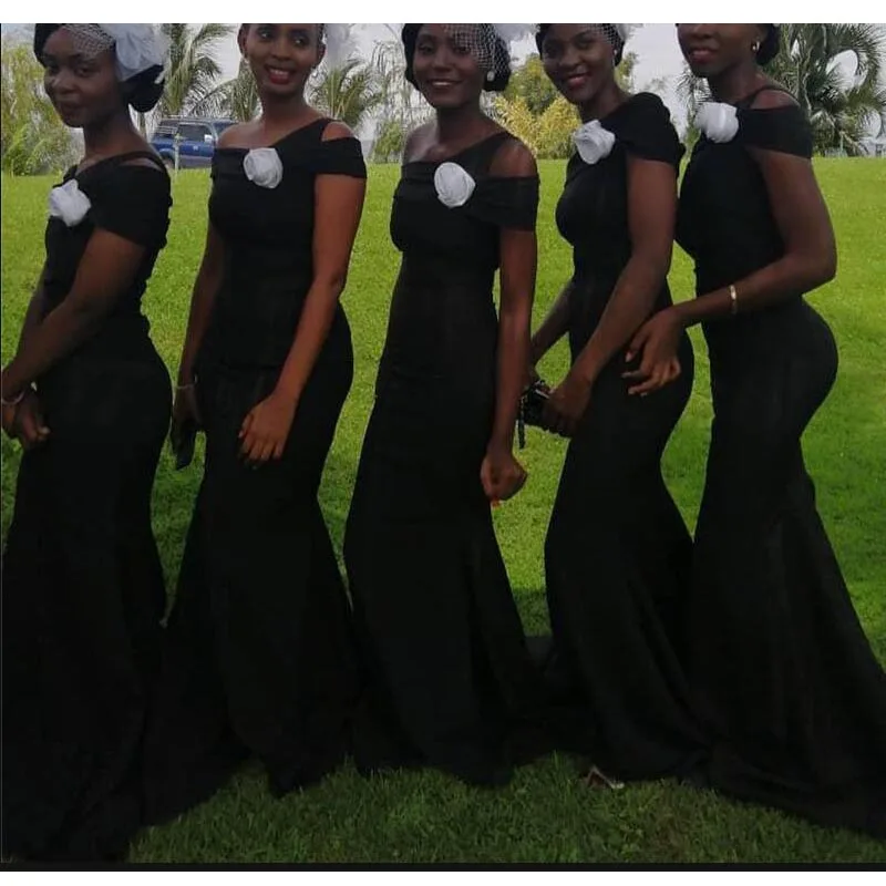 

Black Mermaid Bridesmaid Dresses Long 2020 Robe Demoiselle D'honneur With Flowers Formal African Wedding Party Dress