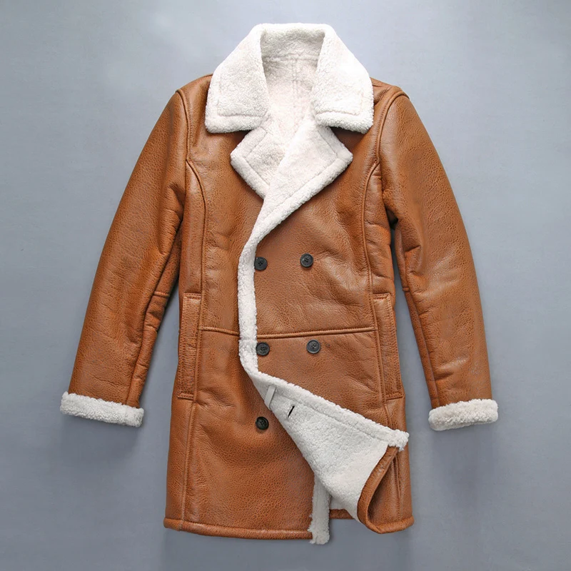 

AVIREXFLY 2020 New Men Long-Style Shearling Winter Coat Asian Size Super Quality Warm Real Sheep White Wool Cold Winter Coats