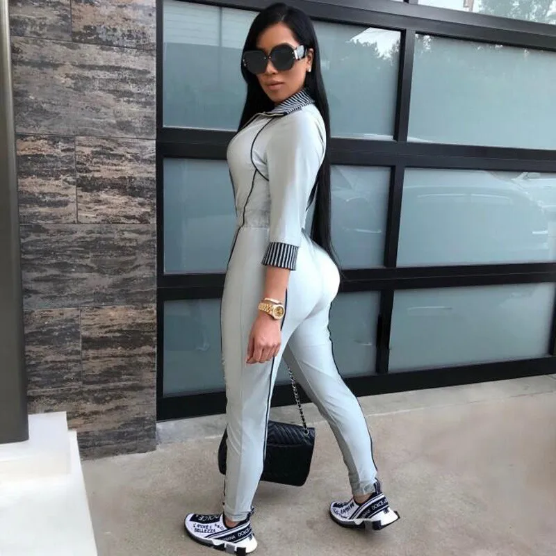 

Jumpsuit Slim V-neck Clubwear Striped Zipper Bodycon Overalls Autumn 2020 Sexy Women Bodysuit Long Sleeve Romper 2020