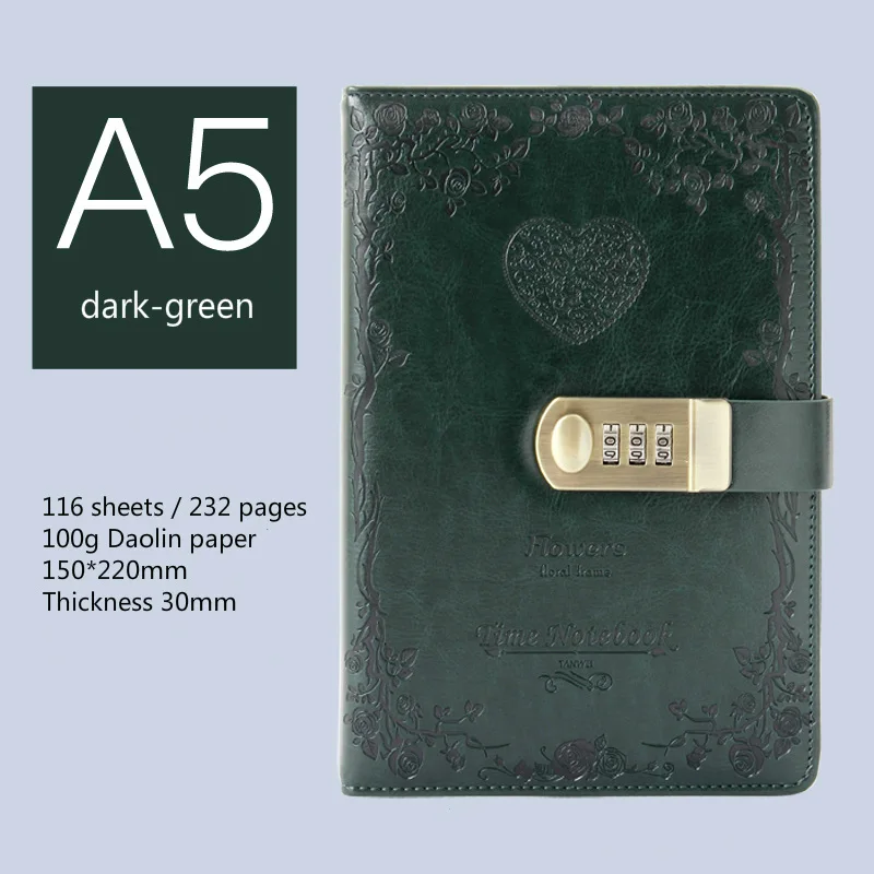 dark-green Блокнот с замком паролей А5, 4 цвета, Ретро стиль, золотой замок, для девушек, уплотненный личный дневник с замком, Офисная книга с паролем на заказ - Цвет: dark-green