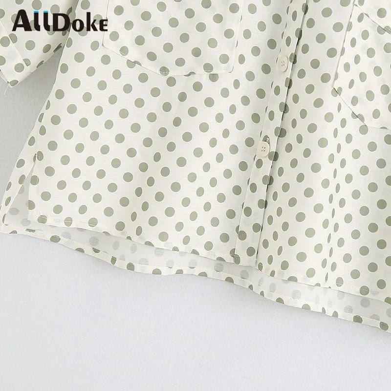 

ALLDOKE vintage polka dot casual blouse women summer turn down collar short sleeve tops shirt double pockets blouses blusas