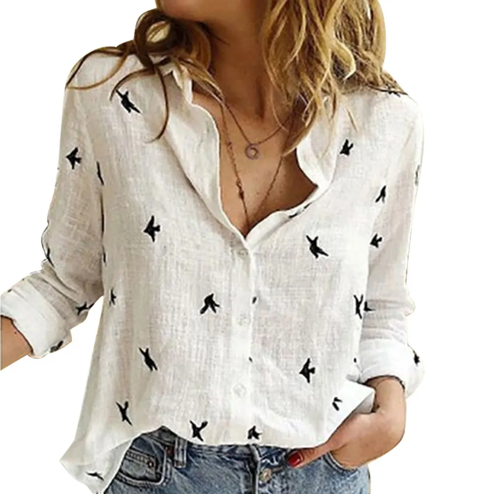 

Women Casual Long Sleeve Birds Print Loose Shirts Oversized Cotton and Linen Blouses and Tops Vintage Streetwear Tunic Tees