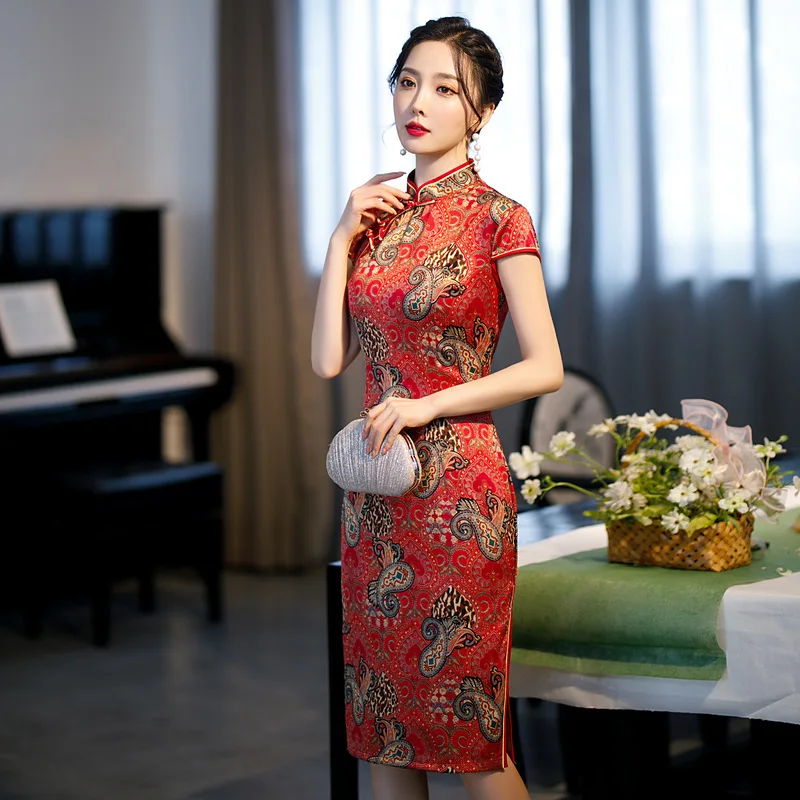 

Новинка весны 2021, платье Ципао средней длины с принтом в стиле ретро, улучшенное традиционное китайское платье Ципао
