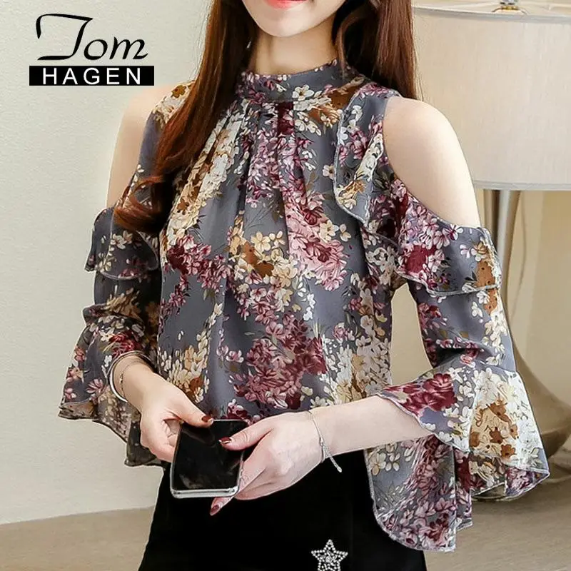 Женская шифоновая блузка с оборками рукавом-бабочкой и воротником-стойкой |