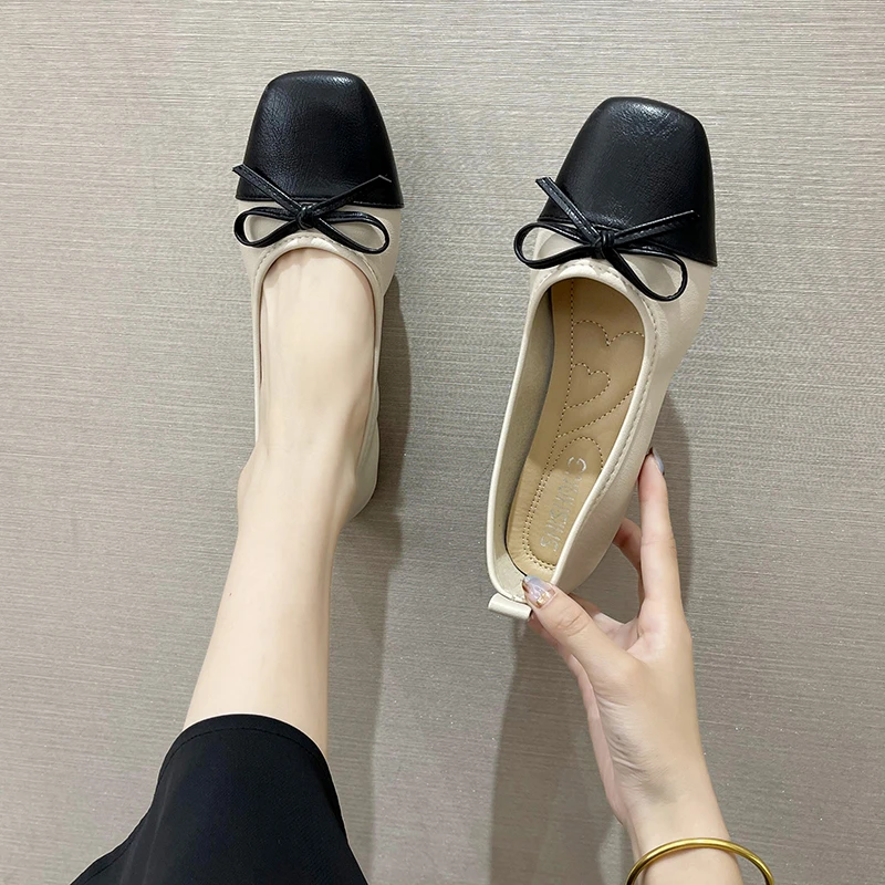 

Ballet Flats Classic Shoes Women Basic 2021 Leather Tweed Cloth Two Color Splice Bow Round Ballet Shoe Fashion Flats Women Shoes