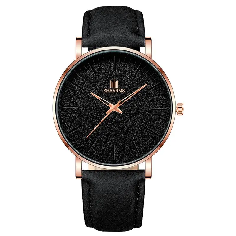 Rose Gold Black SHAARMS мужские простые часы из нержавеющей стали с кожаным ремешком кварцевые наручные часы мужские модные повседневные часы Montre Femme дропшиппинг - Цвет: Rose Gold Black