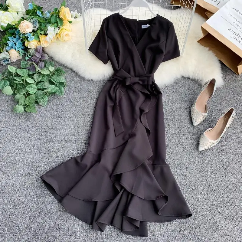 

Women Vintage Dress 2020 New Summer Ladys With Belt V Neck Short Sleeve High Waist Slim Dress