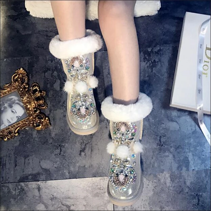 

Heavy duty rhinestones hand-made custom mink fur ball leather thick warm warm rabbit fur snow boots women's cotton shoes