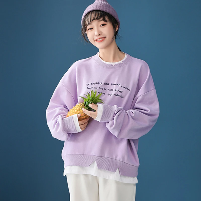 

SWEETKAMA2020 Letter Printting Sweatershirt Women Spring Autumn Korean Loose Cotton Embroidery O-Neck Fake Two-piece Hoodies