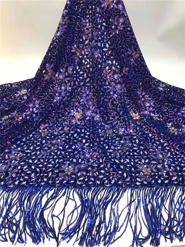 

New Coming Dark Green Velvet Material With Sequins African Velvet Lace Fabric With Fringings PVZ40(5Yards/Lot)