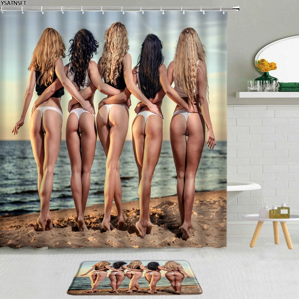 

2Pcs Beach Sexy Girl Shower Curtain American Woman Model Pet Dog Parrot Bathroom Non-Slip Carpet Bath Mat Hanging Curtains Set