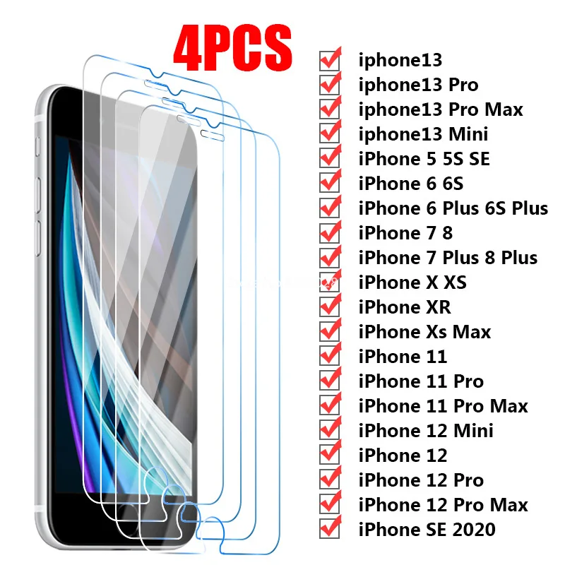 

4 шт. закаленное стекло на IPhone 13 12 11 Pro Max Mini, Защита экрана для IPhone XR XS Max 7 8 6 6S Plus 5 SE2, защитная пленка