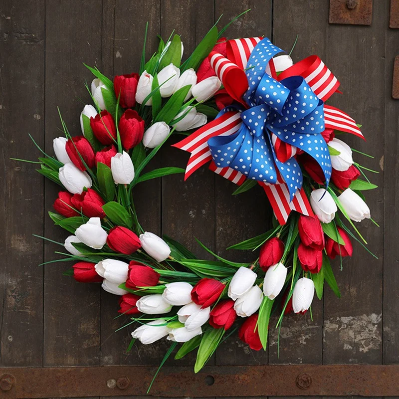 

Artificial Tulip Wreath, Summer Wreath with Green Leaves for Front Door Window Wall Wedding Party Farmhouse Home Decor