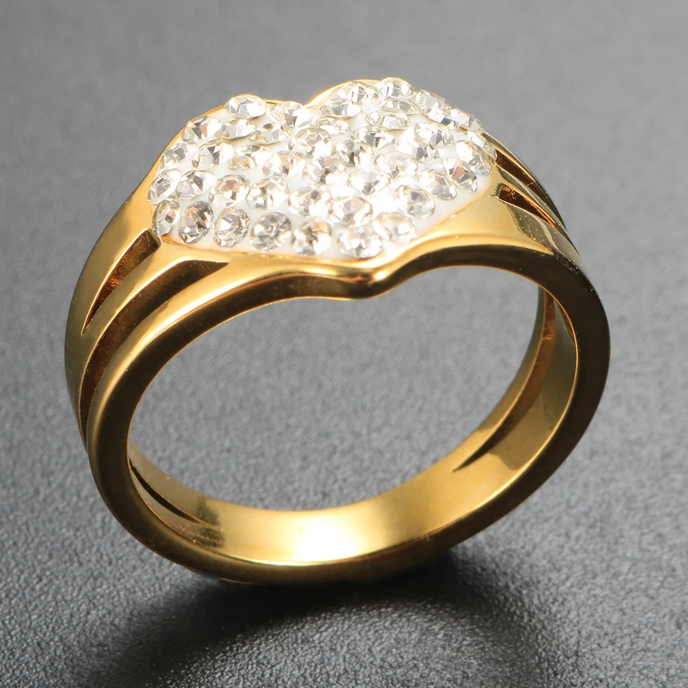 

ZMFashion Women Luxury Crystal Big Love White Clay Ring Stainless Steel Wedding Jewelry Gift Lover Party Rhinestone Ring New