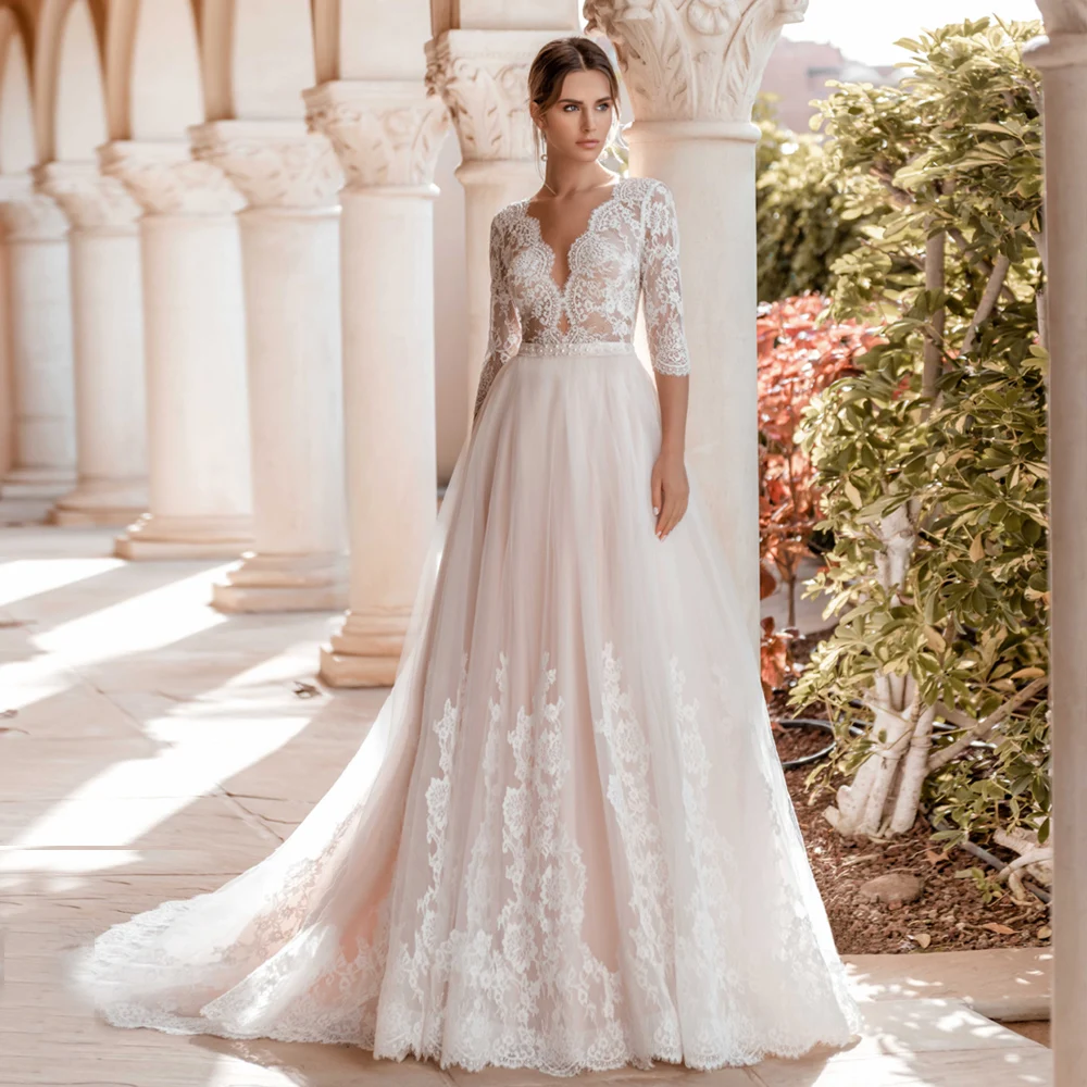 

ADLN Charming Sheer Neck Lace Wedding Dress with Sleeves Court Train A-line Bridal Gown with Pearls Vestido de Novia