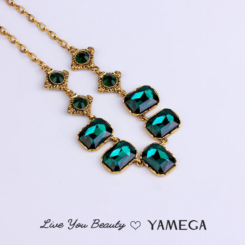 

YAMEGA Fashion Green Crystal Necklaces Bling Bling Chain Gold Jewelry Party Dress Accessories Collar Necklace for Women Girls