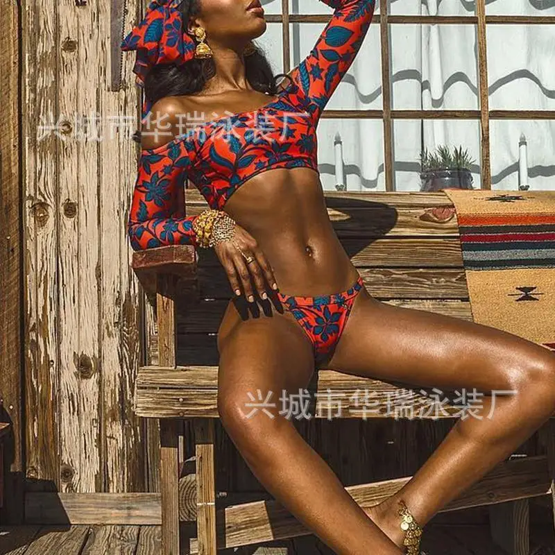New Style Long-Sleeve Strapless Printed Bikini European And American Sexy Hot Selling Wish Multi-Color Ms Split Swimsuit | Спорт и