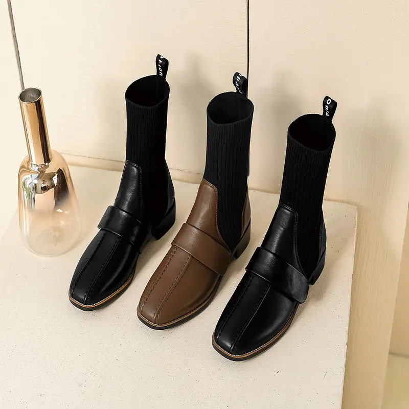 

2021 Autumn Winter Superfine Fiber Slip on Ankle Boots Square High Heel Women Shoes Square Toe Fashion Ladies Shoes Size 34-43