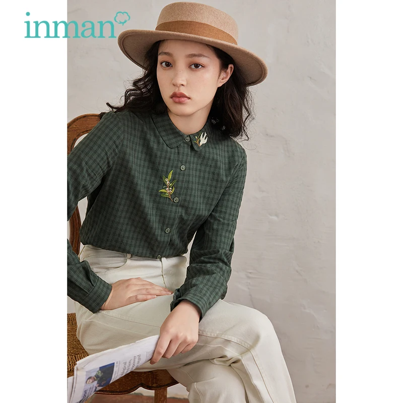 

INMAN Women's Blouse Autumn Winter Vintage Plaid Flowers Embroidery Women Shirts Casual Polo Shirt Long Sleeves Women's Clothing