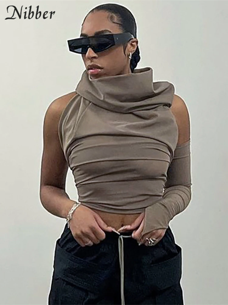 Nibber Весенняя модная однотонная блузка с капюшоном одним рукавом для